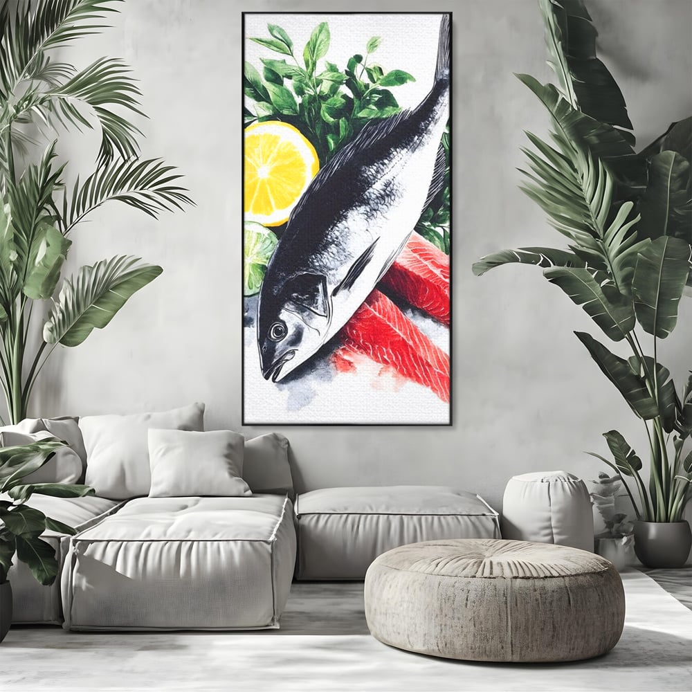 Tablou canvas cu ilustratie cu peste intreg si fileuri, in rama de aluminiu negru, pe perete intr-un living